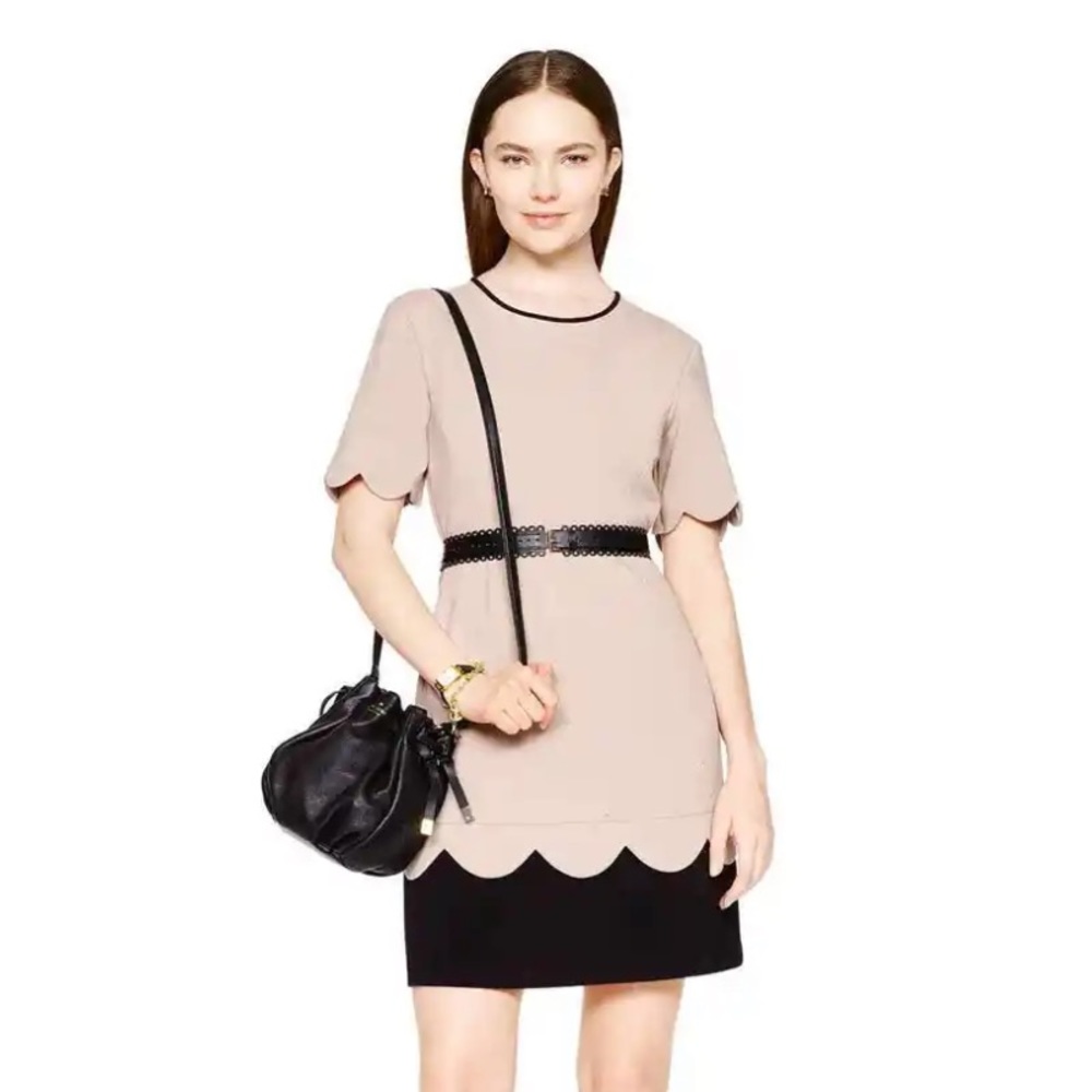 Kate Spade Sponge Crepe Scallop Midi Dress - Mushroom/Black